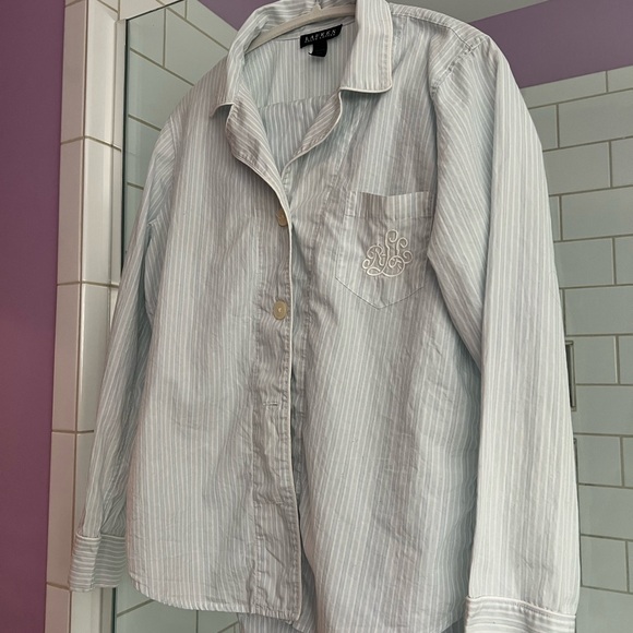 Lauren Ralph Lauren sz L embroidered cotton pajama set, blue and white stripe - Picture 6 of 6